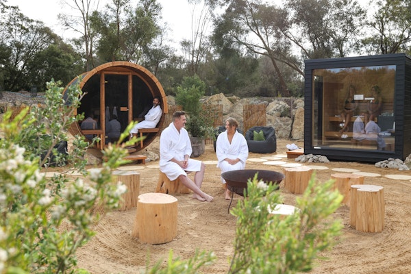 A wide shot of the sauna space