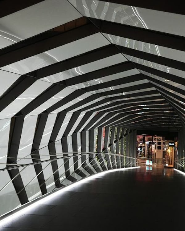 a walkway with a white and black tunnel