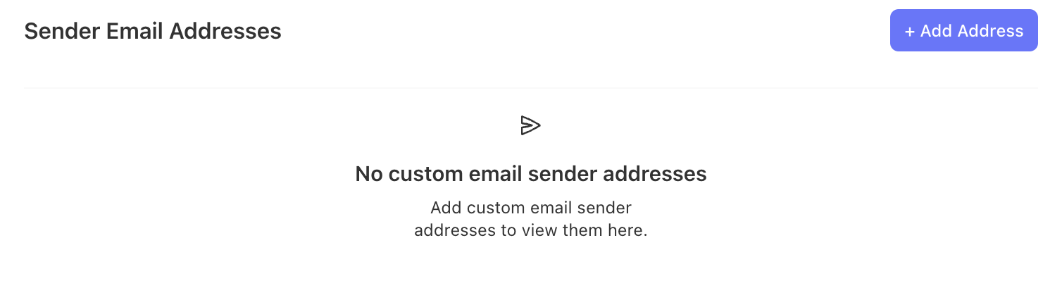 Custom sender email address admin page with no custom sender email addresses added