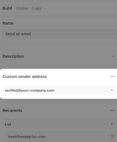 The build panel of an email action with the custom sender address section highlighted