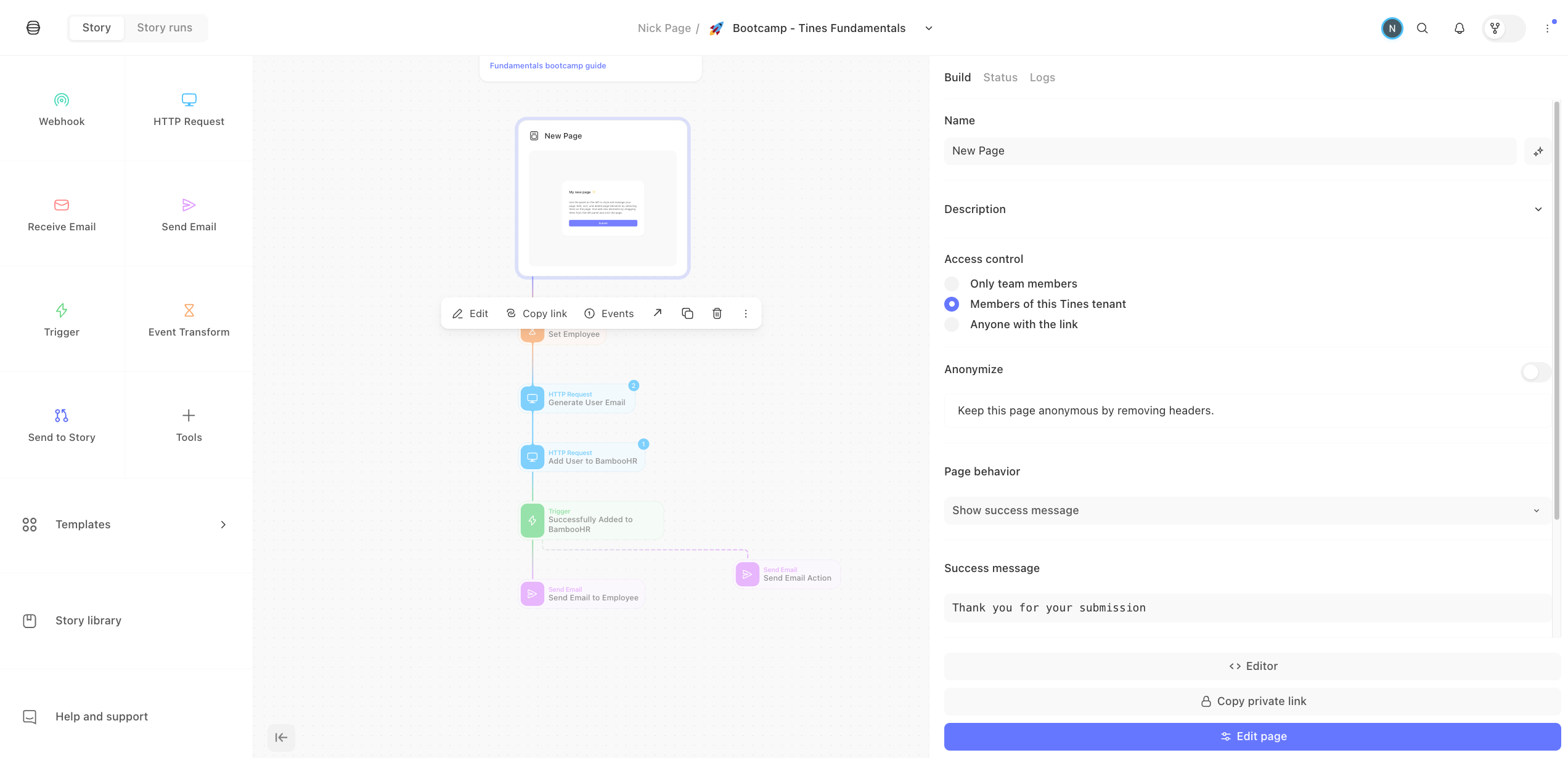 Creating a page in Tines