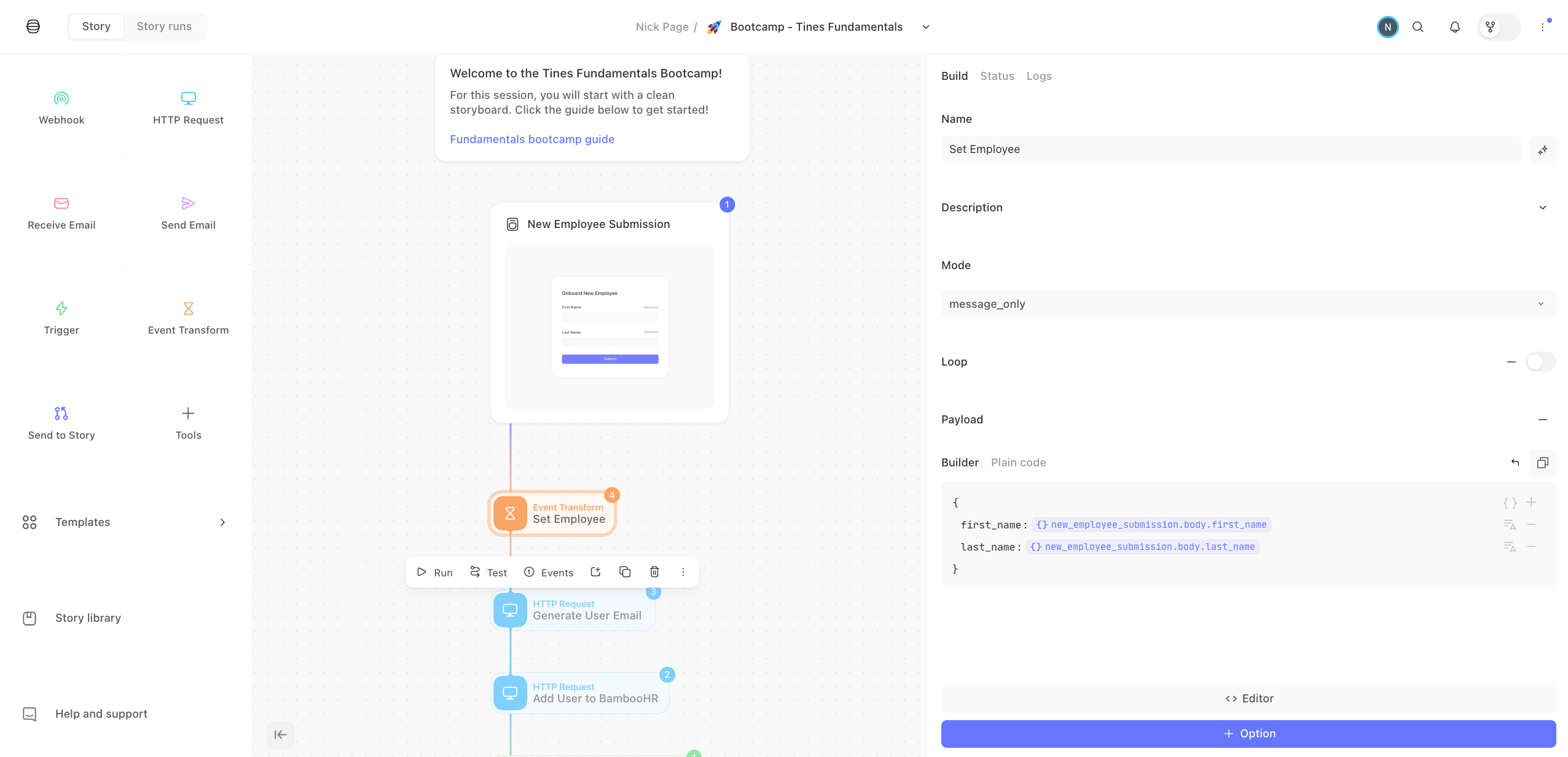 Configuring the event transform action with the page