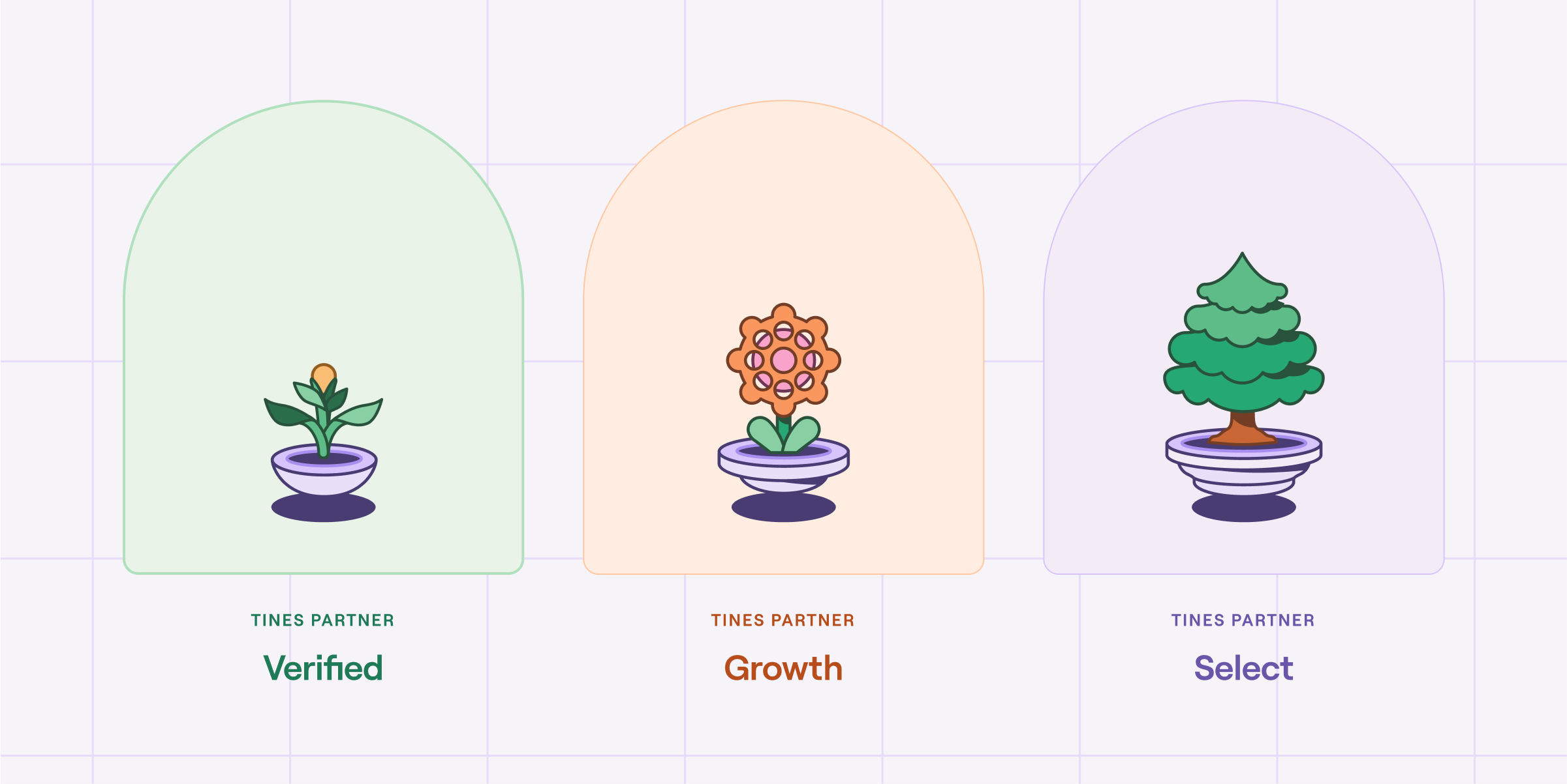 The three Tines channel partner program tiers, represented as icons: Verified, Growth and Select
