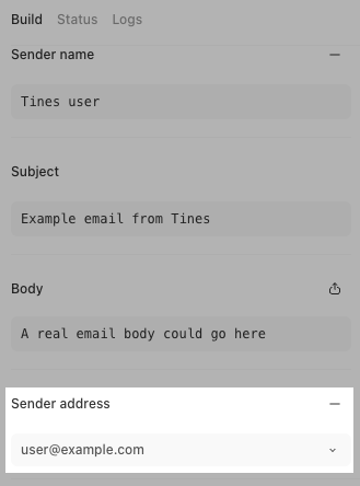 The build panel of an email action with the custom sender address section highlighted