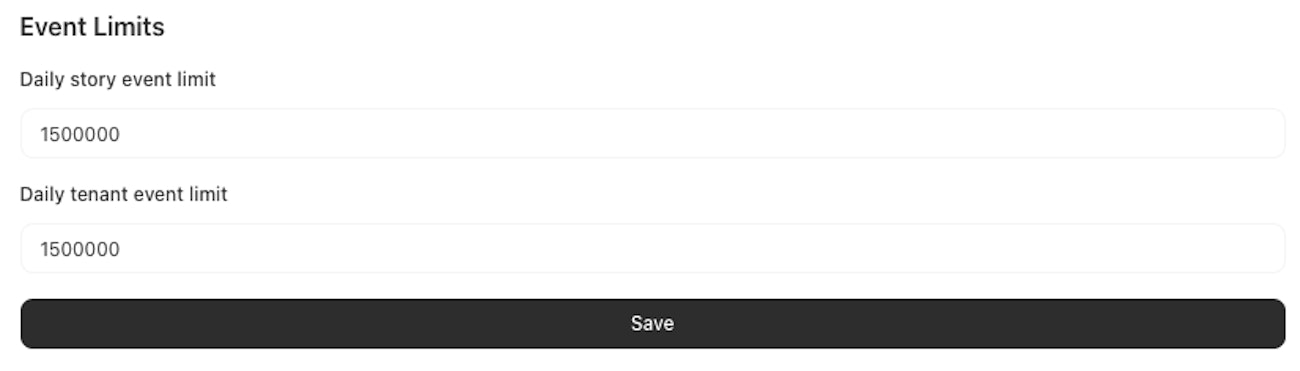 form to update event limits for self-hosted tenant