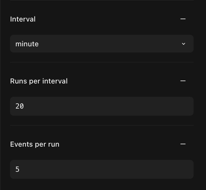 Interval: minute, Runs per interval: 20, Events per run: 5