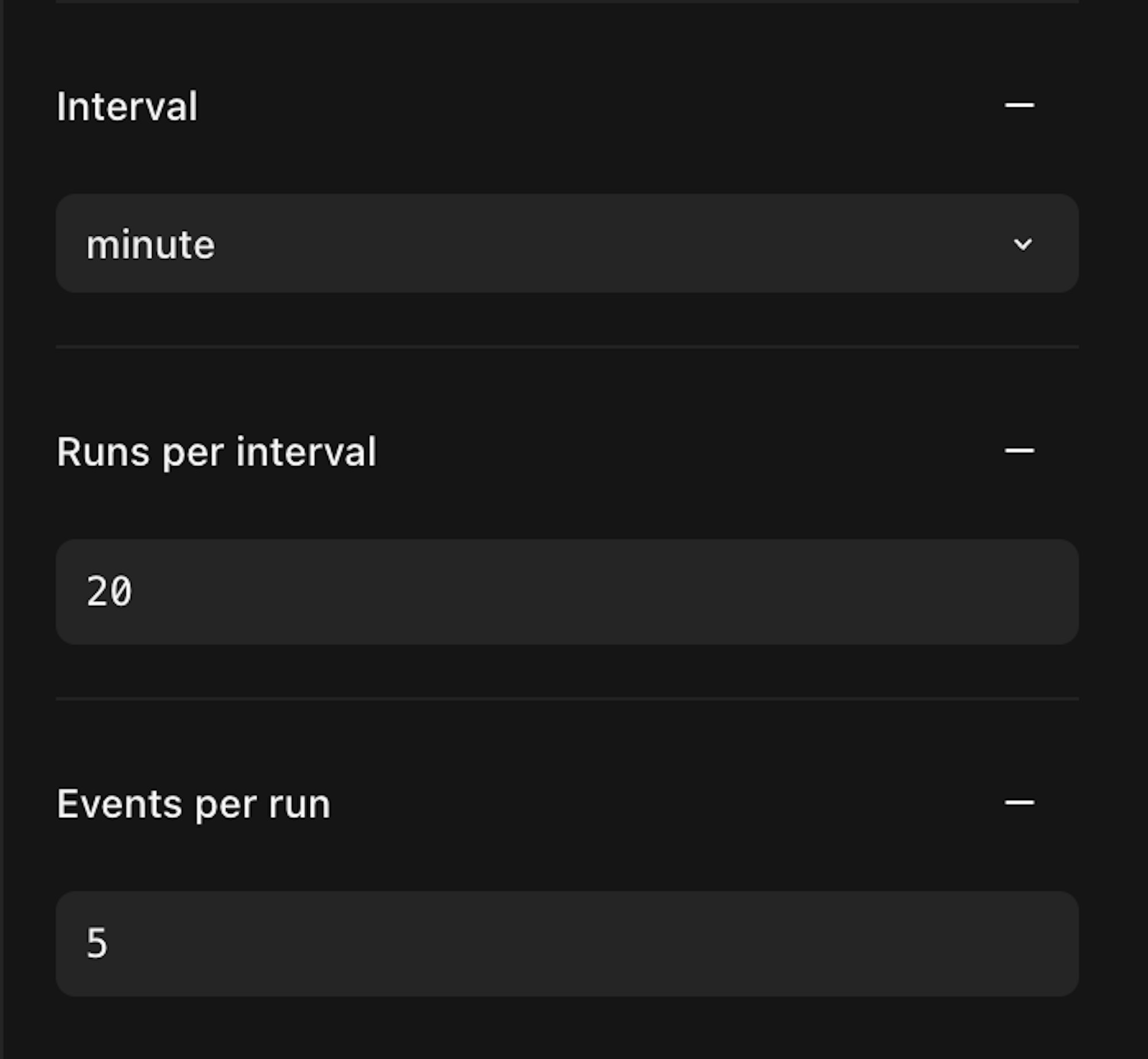 Interval: minute, Runs per interval: 20, Events per run: 5