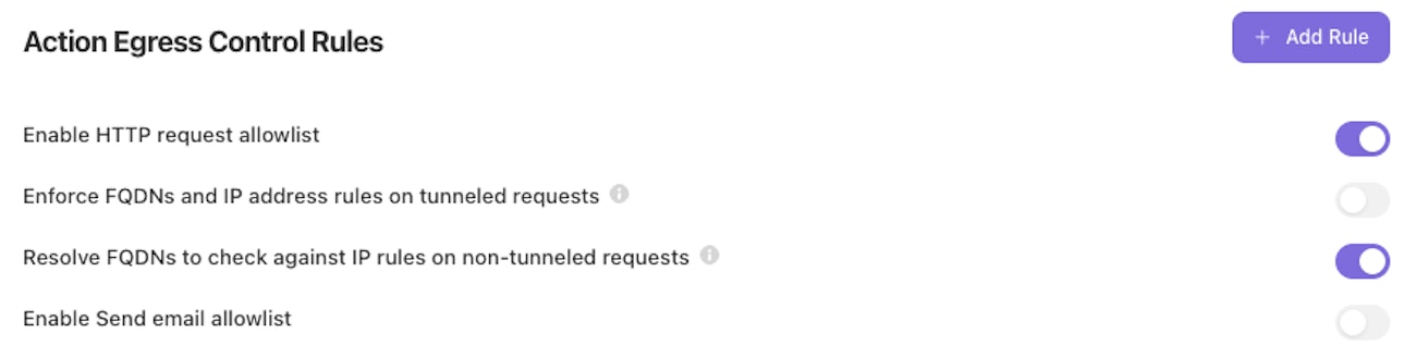 Action egress control rules settings page