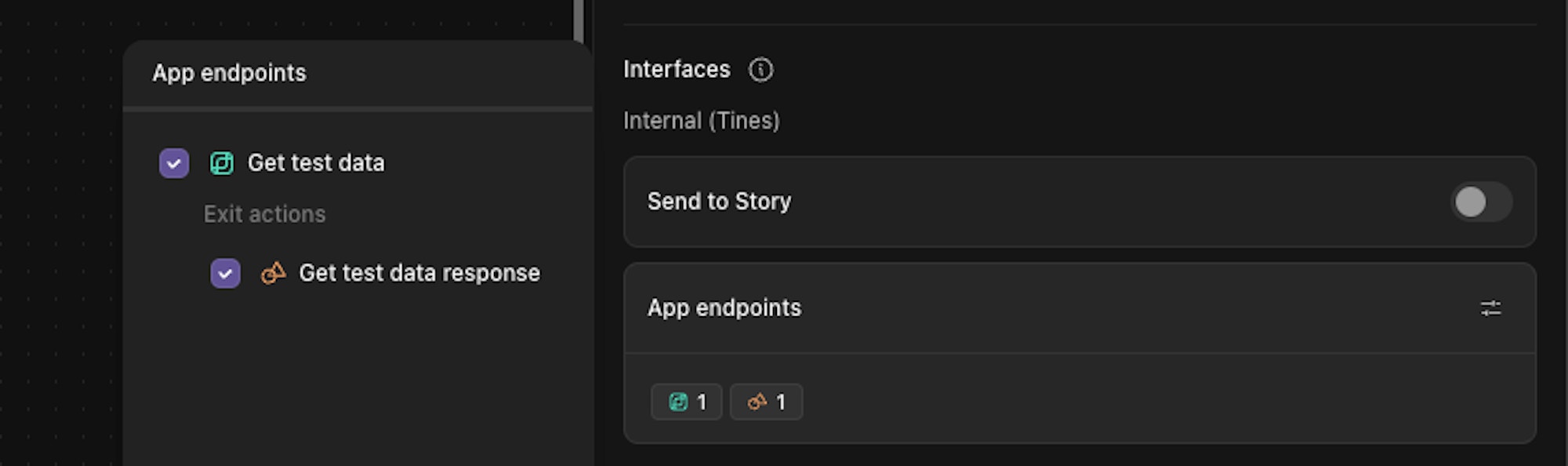 Displays configuration settings for App endpoints on a Tines Stories storyboard