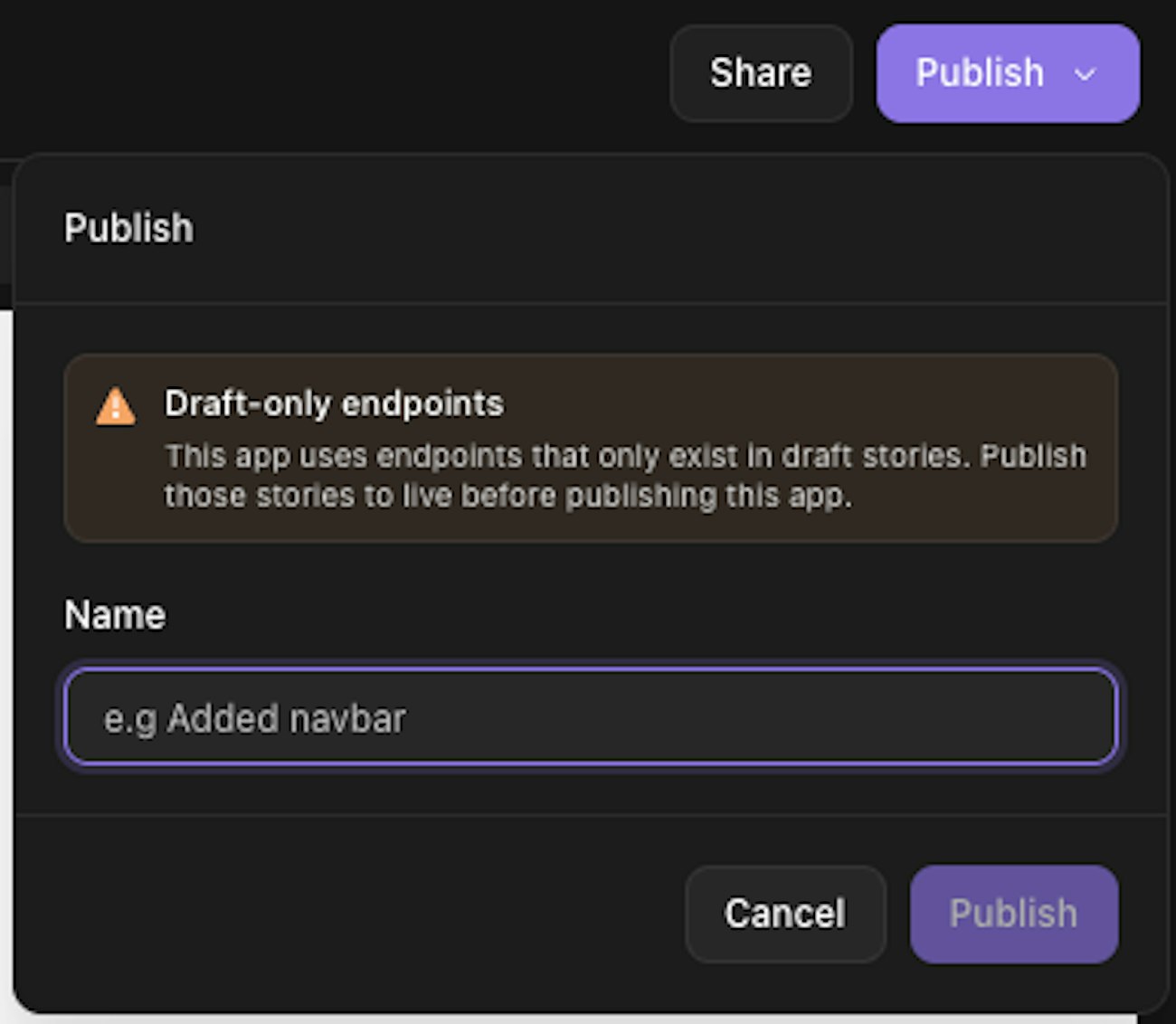 Draft endpoints warning message from Publish area