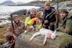 Alle happy: Fire fornøyde fyrer og en blid beagle – bedre enn dette blir det ikke! Terje, Henning, Buster the beagle, Thor Egil og André er tilfredse med jaktas åttende hare. Harejakt med kortbeint hund. Fire jegere beagle skutt hare