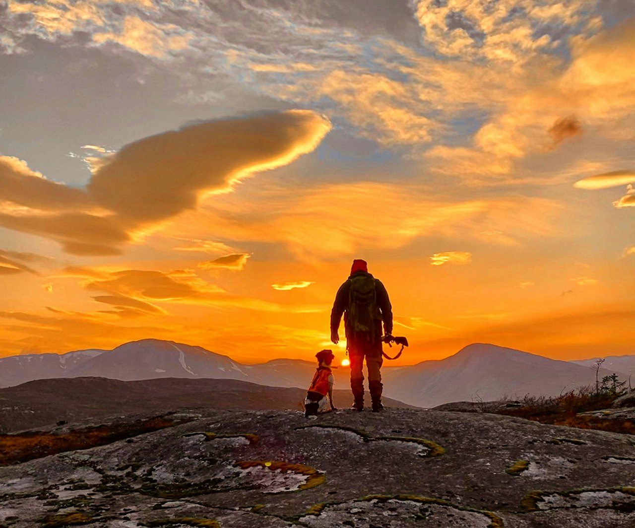 Den magiske solnedgangen fra Gåsvassfjella nordvest i Namsskogan over mot Nordlandsgrensa, bidro til at Ida Aune Ødegaard-Ruud vant 4. runde av JEGERs fotokonkurranse solnedgang Gåsvassfjella Namsskogan rypejakt