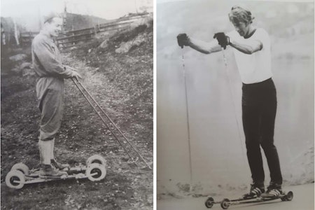 RULLESKI-PIONERER: Til venstre ser vi Trysil-løperen Knut Myhre omkring 1957. Til høyre er langrennslegenden Oddvar Brå i 1970-åra.   rulleski-pionerene i Norge