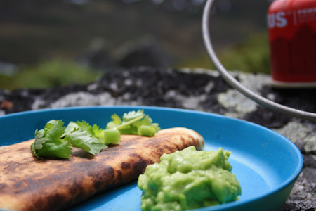 VELBEKOMME: Et herlig og enkelt lite måltid som smaker aller best ute. Foto: Ragnhild Moen Holø   Quesedillas på primus