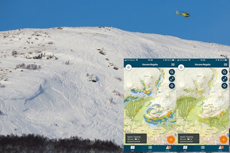 SNØSKRED: Snøskredet nederst til venstre var ikke så veldig stort, men nok til å utløse redningsaksjon. Heldigvis ble ingen tatt. Hvor skredet gikk er angitt med svart x i kartutsnittene, fra Varsom-appens bratthetskart, som viser hvor man kan bli tatt av snøskred. Foto: Tore Meirik snøskred varsom snøras