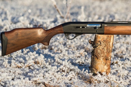 Halvautomat: Franchi Affinity damehagle Franchi Affinity halvautomat hagle for damer plassert på en trestokk sett fra siden utendørs