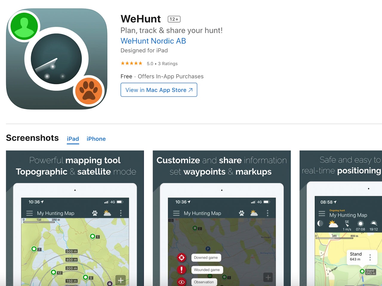Bildet er en skjermdump av butikksiden til WeHunt-appen i AppStore. Foto: Skjermdump fra AppStore