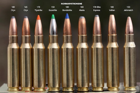 .308 WIN: Ni Norma-patroner i ulik kulekonstruksjon, fra gamle slagere som Norma Vulkan via populære Norma Oryx  til nye konstruksjoner som Norma Bondstrike og Norma Ecostrike, samt Norma Jaktmatch. Ni Norma-patroner med angivelse av kulekonstruksjon.