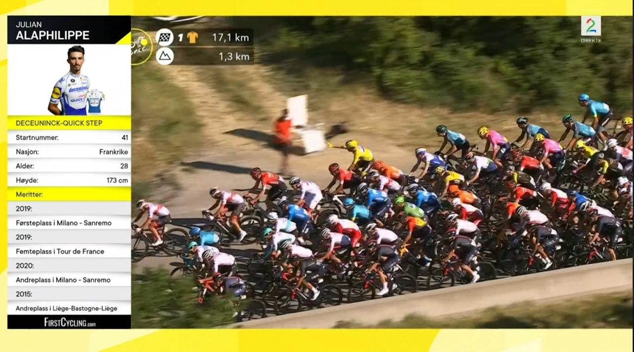 ØYEBLIKKET: Her tar Julian Alaphilippe i mot en flaske 17 kilometer før mål. Det kostet ham den gule ledertrøya. Skjermdump, TV2.  Julian Alaphilippe.