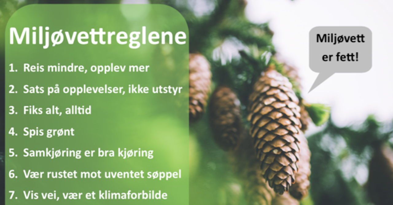 MILJØVETTREGLENE: Her ser du de syv miljøreglene. – All oppmerksomhet som handler om at vi er litt på feil vei, det er veldig bra, sier lederen for Norsk Klimaservicesenter om reglene. MILJØVETTREGLENE: Her ser du de syv miljøreglene. – All oppmerksomhet som handler om at vi er litt på feil vei, det er veldig bra, sier lederen for Norsk Klimaservicesenter om reglene.