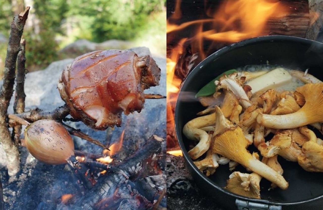 LAG NOE GODT: Lite smaker mer av skog som sopp kombinert med godt tilberedt kjøtt. Foto: Nina Volstad utenetter god mat finere mat på tur langtidsstekt kjøtt på bål