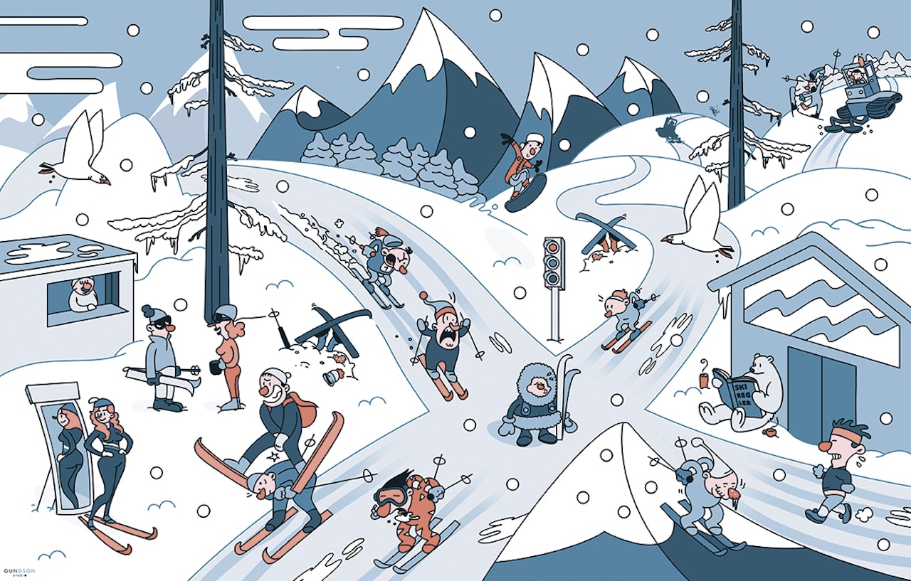 SKIETIKETTE: Går du på ski i snøføyk eller sterk kulde, betyr det at du er BADASS. Punktum. Skiløpere som kommer seg ut i slikt vær, helst med et smil på leppene – om de er aldri så blå – er de som virkelig elsker å gå på ski. Luftveiene skal holdes åpne for egen maskin, se regel #19. Illustrasjon: Rudi Gundersen