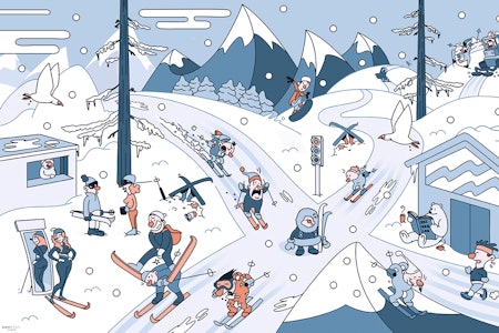 SKIETIKETTE: Går du på ski i snøføyk eller sterk kulde, betyr det at du er BADASS. Punktum. Skiløpere som kommer seg ut i slikt vær, helst med et smil på leppene – om de er aldri så blå – er de som virkelig elsker å gå på ski. Luftveiene skal holdes åpne for egen maskin, se regel #19. Illustrasjon: Rudi Gundersen SKIETIKETTE: Går du på ski i snøføyk eller sterk kulde, betyr det at du er BADASS. Punktum. Skiløpere som kommer seg ut i slikt vær, helst med et smil på leppene – om de er aldri så blå – er de som virkelig elsker å gå på ski. Luftveiene skal holdes åpne for egen maskin, se regel #19. Illustrasjon: Rudi Gundersen