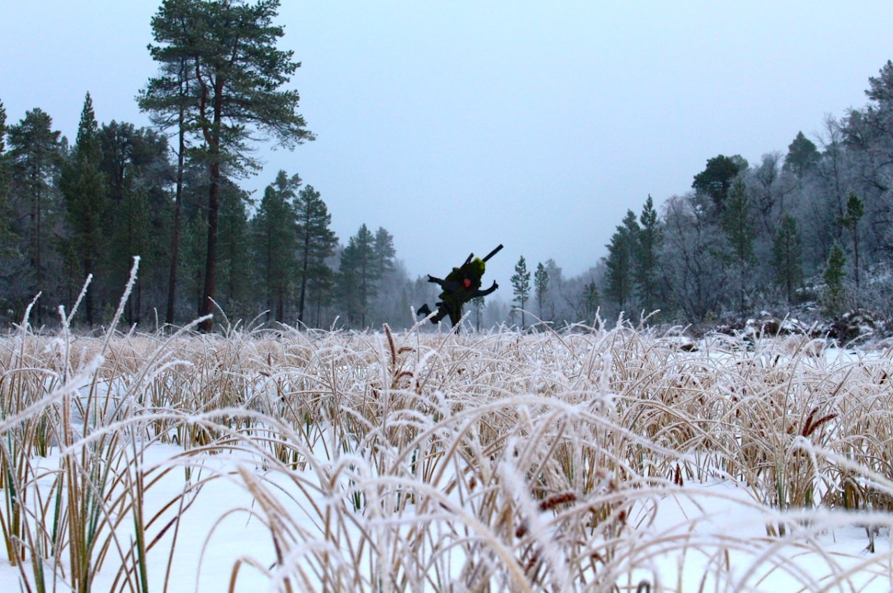 OKTOBER: Lett dis dekker landskapet om morgenene, og det gir en trolsk stemning der vi går blant gule strå som stikker opp av isen. Foto: Andreas Skagøy