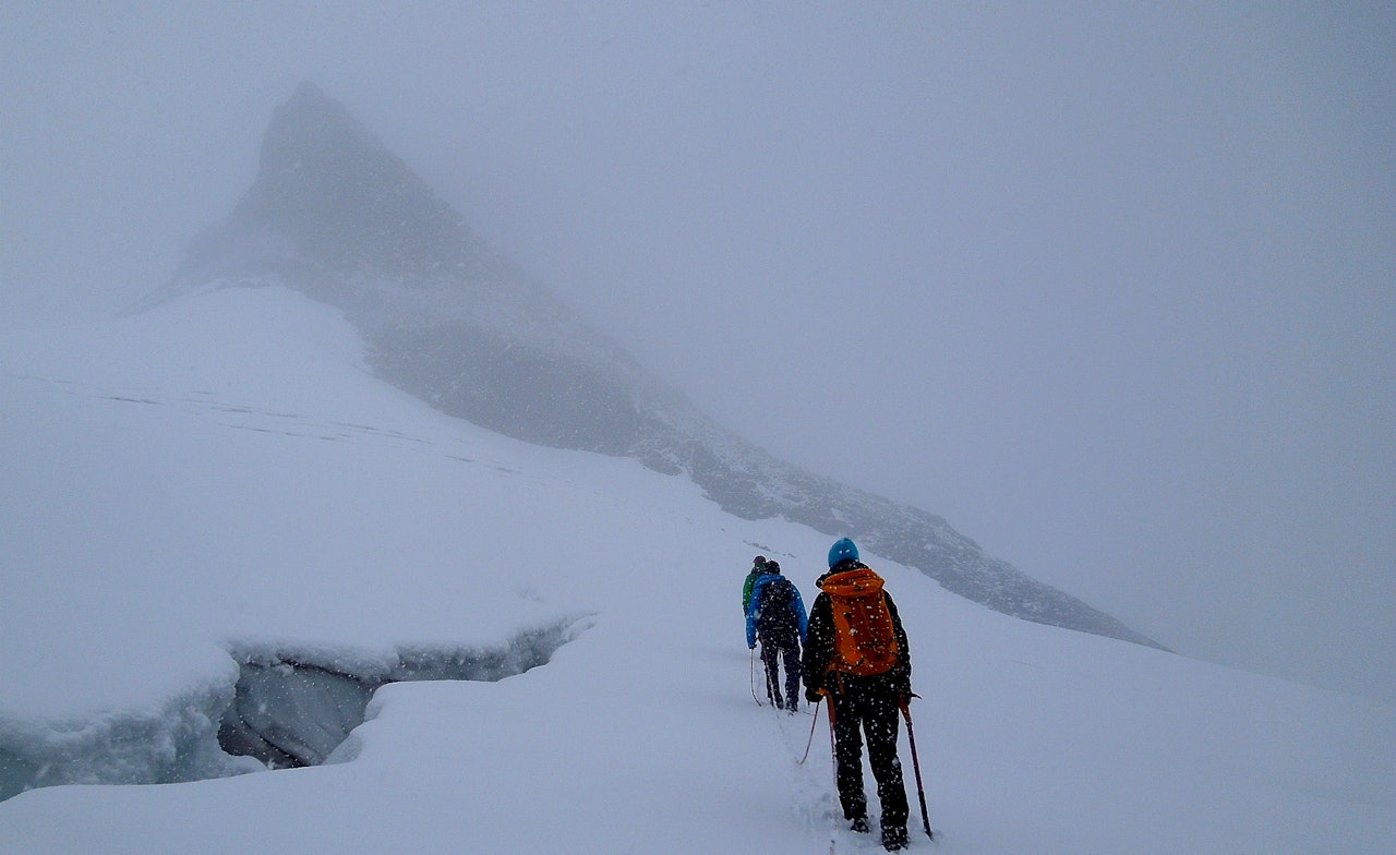 Bresprekker, nysnø, høye fjell, tåke og trollsk sollys gjorde turen over Visbreen spennende og kontrastfull. (Foto: Kristin Huseby) Bresprekker, nysnø, høye fjell, tåke og trollsk sollys gjorde turen over Visbreen spennende og kontrastfull. (Foto: Kristin Huseby)