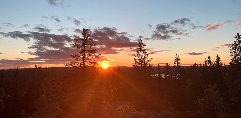 Slik så solnedgangen ut fra Kjerkeberget ut en kveld i august. Kjerkeberget solnedgang