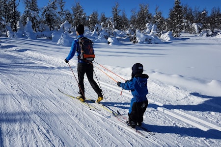 DRAHJELP: Når slutten av skituren blir trå, kan litt drahjelp være gull verdt.  Foto: Sandra Lappegard Wangberg Når slutten av skituren blir trå, kan litt drahjelp være gull verdt.