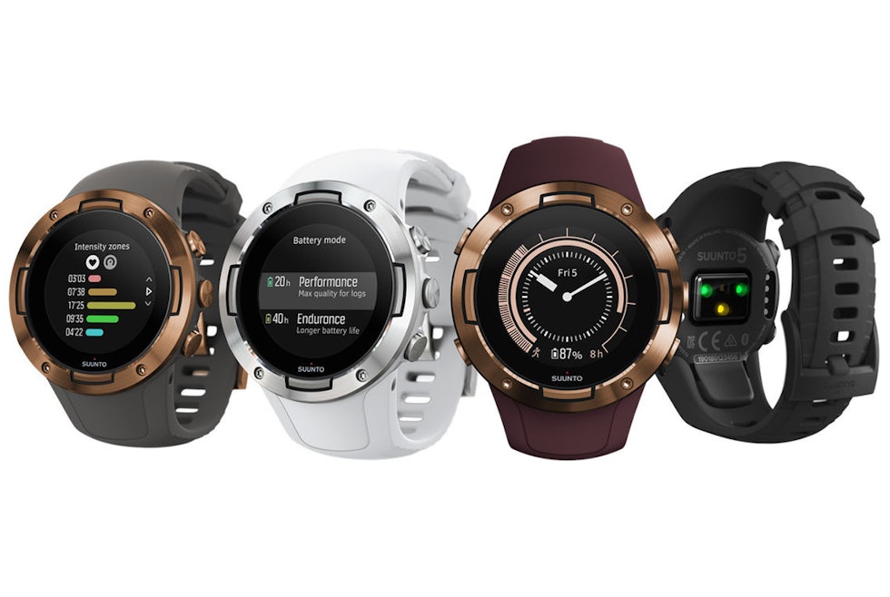 FLERE FARGER: Suunto 5 kommer i flere farger, et klart pluss for dem som bruker treningsklokka hele tiden. FLERE FARGER: Suunto 5 kommer i flere farger, et klart pluss for dem som bruker treningsklokka hele tiden.