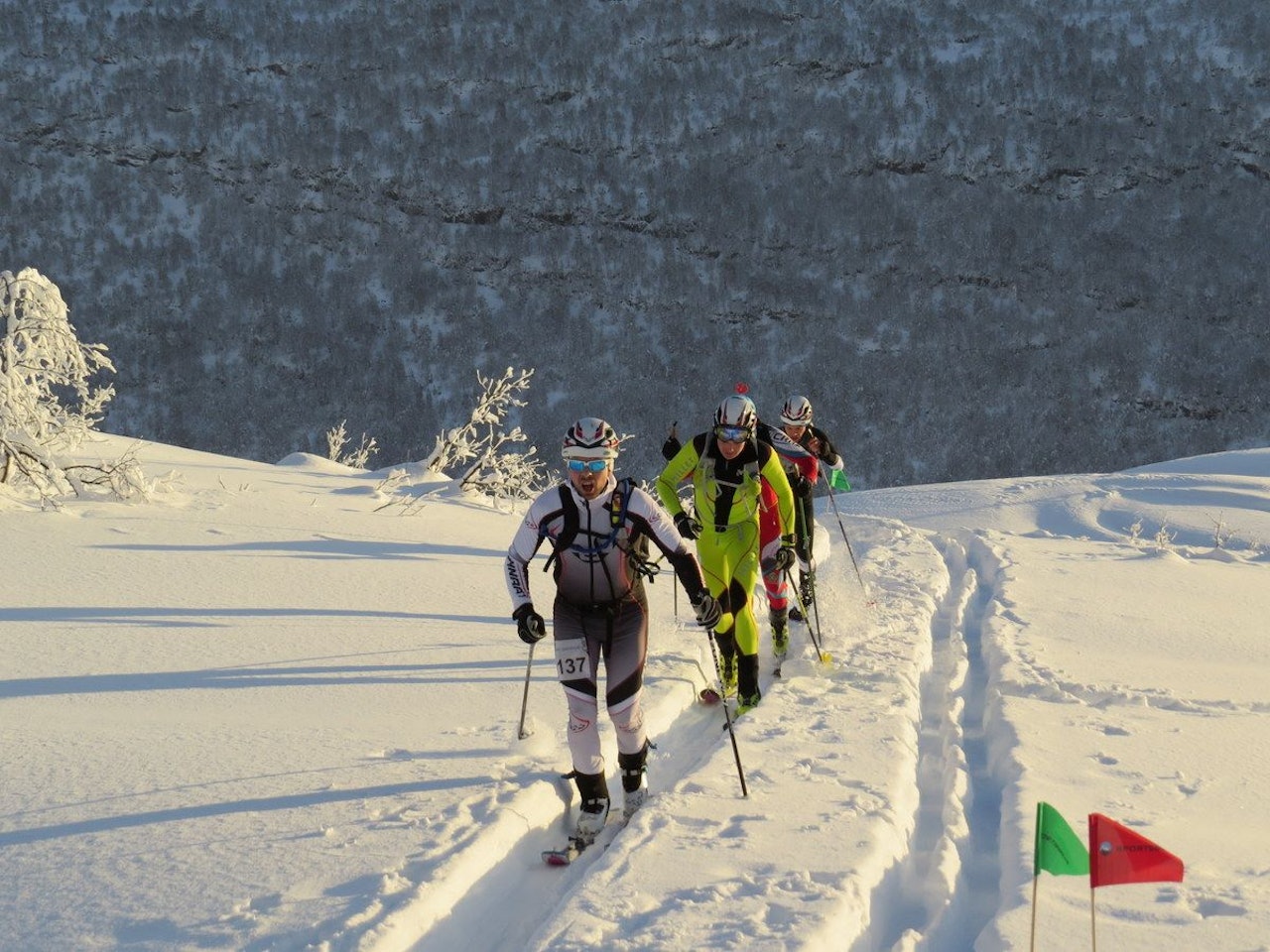 DYPT: De færreste hadde noe imot skiføret i Sogndal i helga, men de som gikk norgescupkonkurranse i randonee måtte takle både dyp pudder og kuleløyper på sine smale, korte og lette ski. Foto: NSF randonee