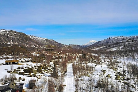 Skiløypa følger veien gjennom Hjerdalen. I bakgrunnen troner Gaustatoppen. Hjerdalen langrenn tur guide