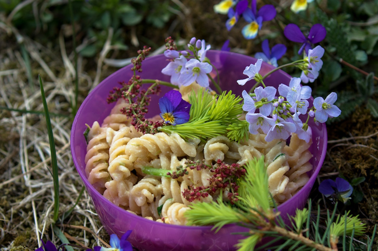 FARGERIK PASTA: Pasta er genial turmat. Den fineste garnityren til pastaen går du kanskje forbi? Foto: Sigrid Henjum FARGERIK PASTA sigrid henjum