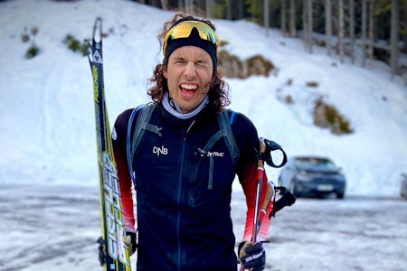 DEN FØLELSEN: Christopher Frankum, tidligere freeski-landslagsjef og ekspertkommentator, gleder seg over fine langrennsforhold på Tyin. Bildet er fra en skitur våren 2020. Foto: Privat langrenn på tyin filefjell christopher frankum