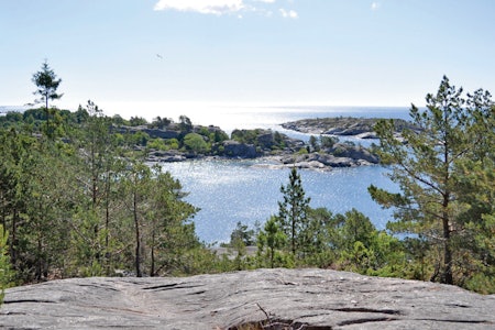Turstien rundt Skauerøya er en av de flotteste på øyene i sørlandskjærgården, her med Saltholmen fyr i bakgrunnen. Foto: Torolf Kroglund Utsikt ned til vestre Hestholmbukta. Både østre og vestre er flotte områder for leir, bading og ankring av båt. Foto: Torolf Kroglund Skauerøya Sørlandet turguide