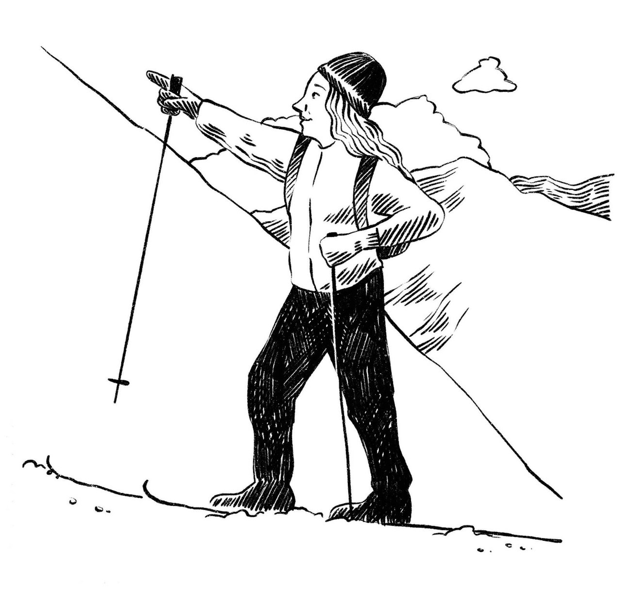 SKIEVENTYR: Birgit var så glad i å være på ski på fjellet. For å få prøve seg på prins Aksel måtte man gå på ski på tre fjell, det hadde kongen og den nye dama hans bestemt. Illustrasjon: Anne Vollaug