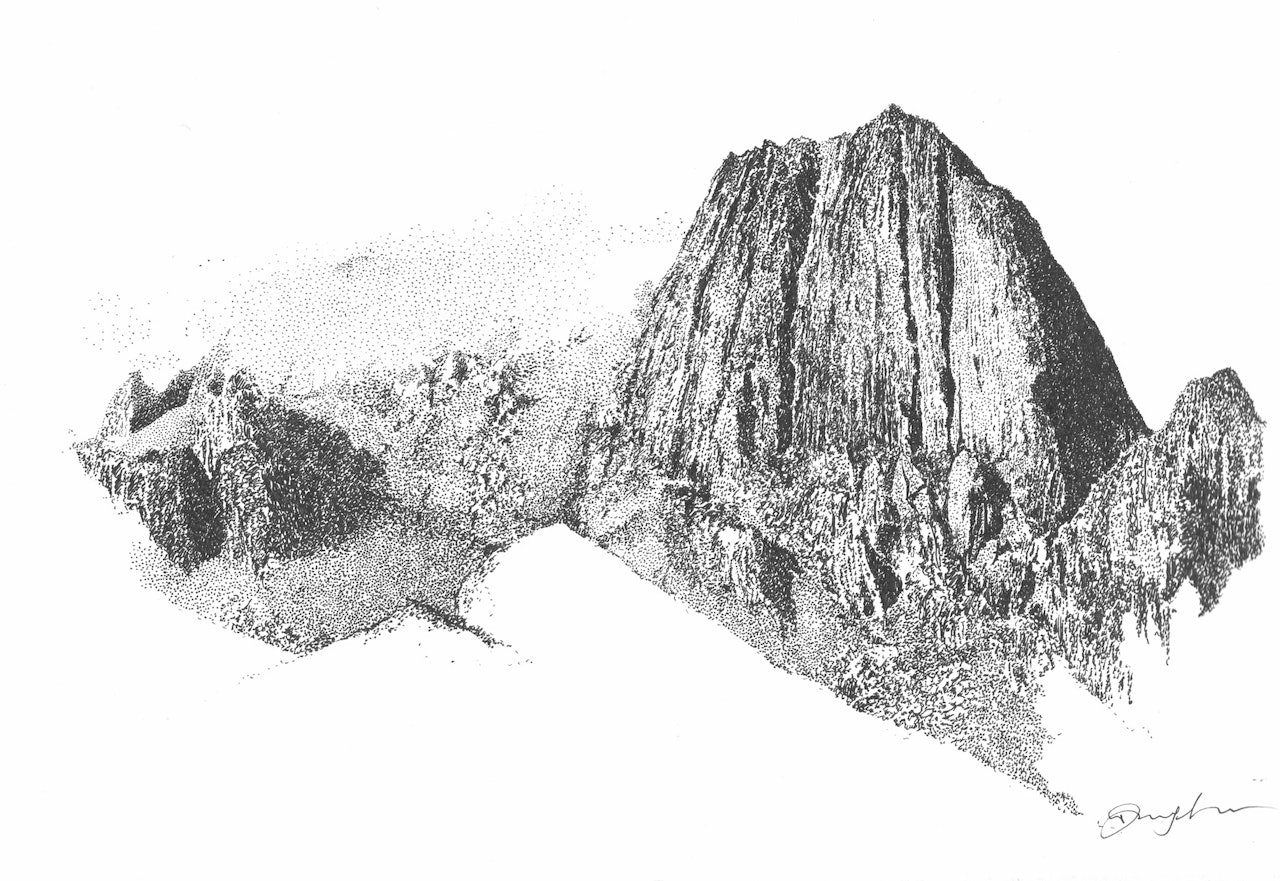BRATTVEGEN: Ræka (607 moh.) er et karakteristisk fjell i Vesterålen, der Faarlund har førstebestigning av linjen i østveggen, som leder rett mot toppen. Illustrasjon: Danny Larsen 