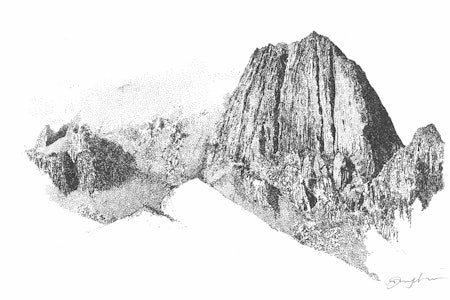 BRATTVEGEN: Ræka (607 moh.) er et karakteristisk fjell i Vesterålen, der Faarlund har førstebestigning av linjen i østveggen, som leder rett mot toppen. Illustrasjon: Danny Larsen 