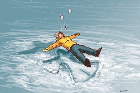 LANGFLAT I SNØEN: Ifølge UTEs spaltist er mars måneden for å legge seg ned og lage engler i snøen. Illustrasjon: Atle Hansson LANGFLAT I SNØEN: Ifølge UTEs spaltist er mars måneden for å legge seg ned og lage engler i snøen. Illustrasjon: Atle Hansson