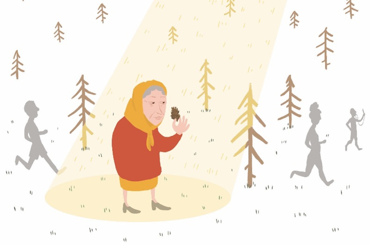 VETERAN: Jeg gikk inn i skogen og var knapt passert 40, og knips og vips, så var jeg plutselig blitt langt over 80. Illustrasjon: Anne Vollaug VETERAN: Jeg gikk inn i skogen og var knapt passert 40, og knips og vips, så var jeg plutselig blitt langt over 80. Illustrasjon: Anne Vollaug