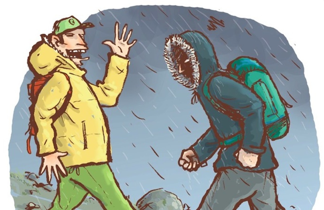 FJELLPRAT: Den typiske samtalen i fjellet er varer vanligvis ikke mer enn noen sekunder, men Eivind Eidslott mener den skiller mennesker fra dyr. Illustrasjon: Atle Hansson hilsing i fjellet eivind eidslott utemagasinet