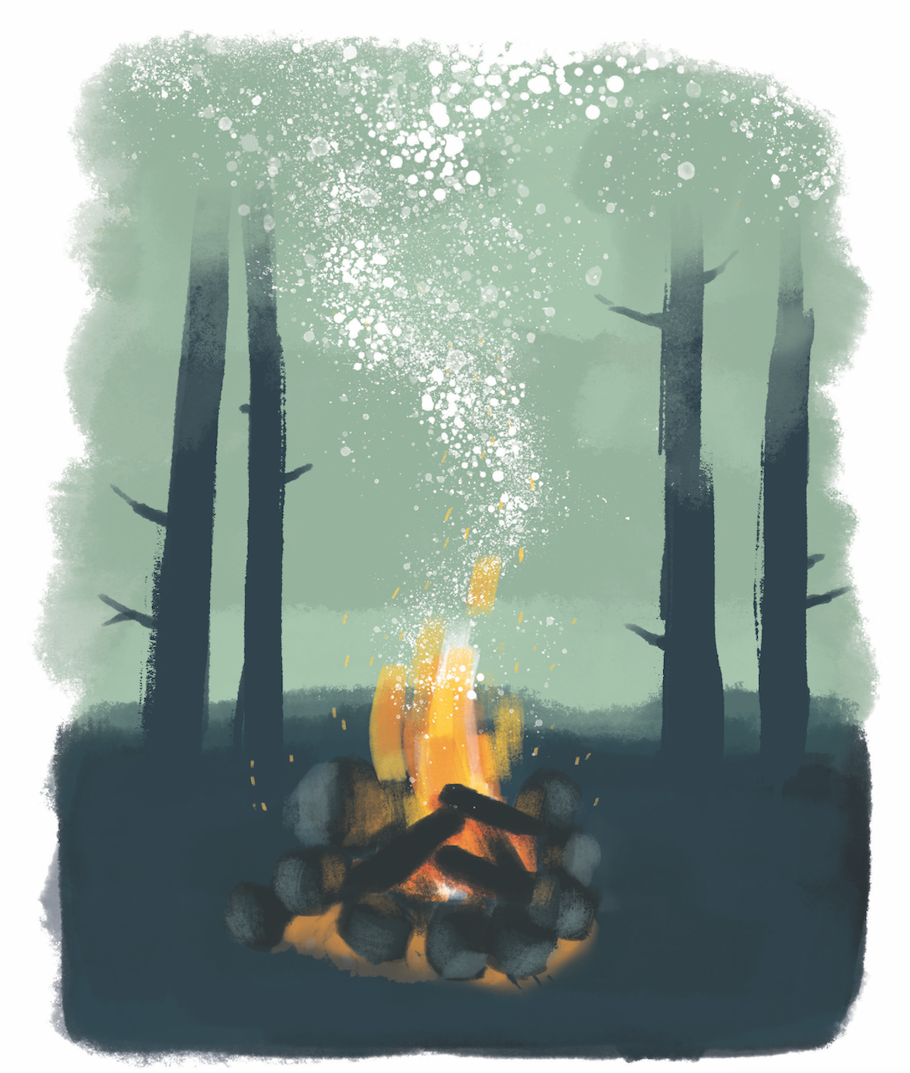 De stiger opp nå. Oransje flammer mot gråsvart, stadig mørkere himmel. Under oss, en by som også tenner sine lys etter hvert. Illustrasjon: Anne Vollaug De stiger opp nå. Oransje flammer mot gråsvart, stadig mørkere himmel. Under oss, en by som også tenner sine lys etter hvert. Illustrasjon: Anne Vollaug