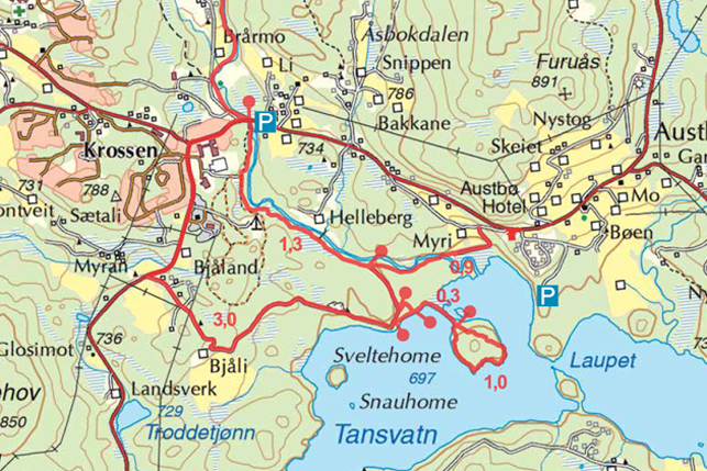 Kart for turen Austbø Tansvatn turguide Rauland Telemark