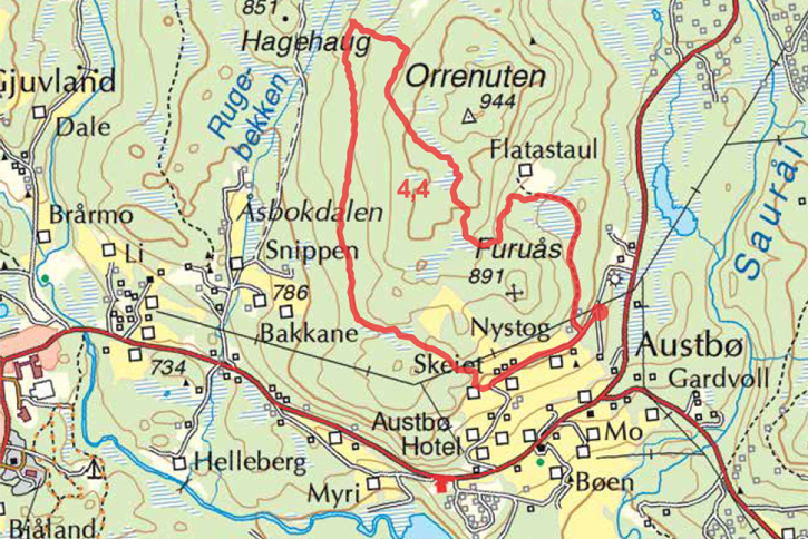 Kart for Rauland turguide Austbø Orrnuten Telemark