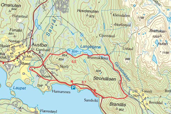 Kart for turen Longvikvatn - Langetjønn – Brandås