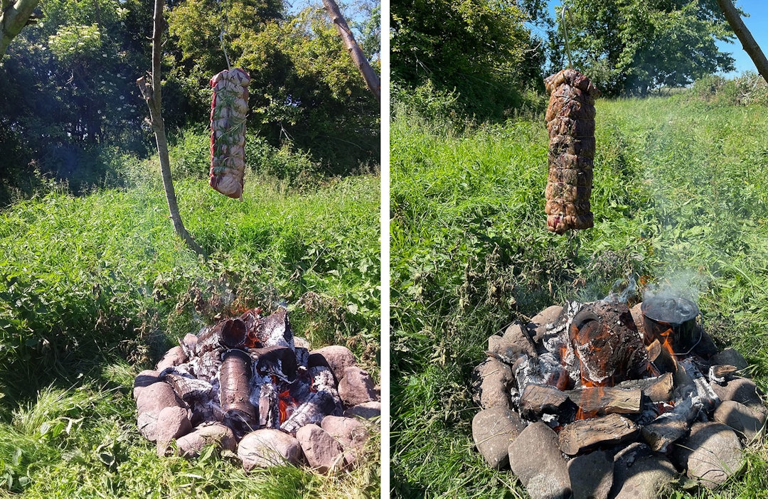 HJORTESTEK: Slik kan det gjøres. Foto: Andy Friedrichs stekt hjort på bål