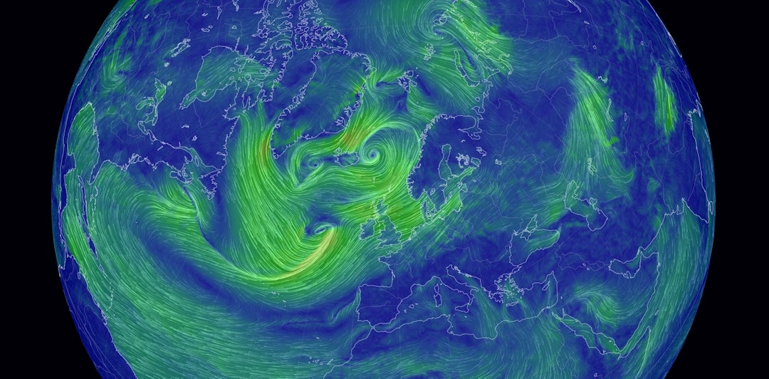 VINDKART: Figuren viser vindhastighet på jordens overflate med høy vindhastiget farget i grønt. vindkart