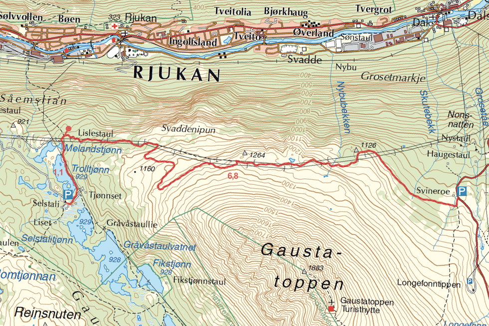 Kart for turen Svineroe Selstali Kart Rjukan